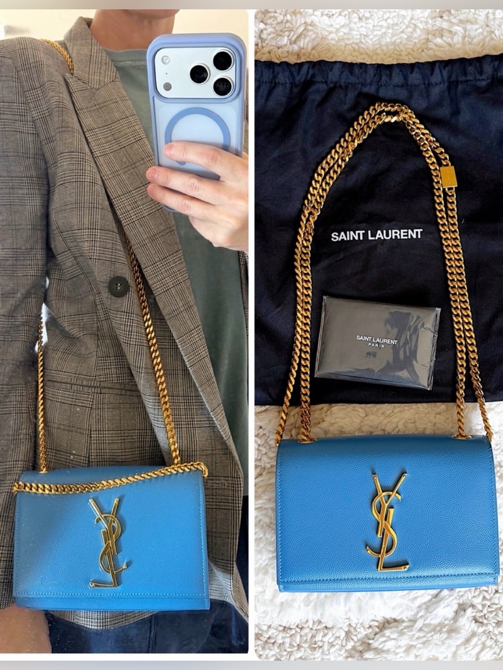 Saint Laurent YSL small Kate blue gold chain flap bag crossbody shoulder bag - Picture 4 of 14
